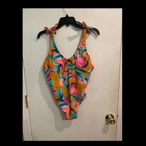 Mustard One Piece Swimsuit with Floral Pattern